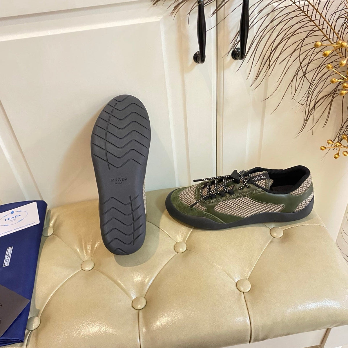 Prada 26s Lace Up Sneakers Chunky Sole In Olive Green Tech Fabric And Mesh