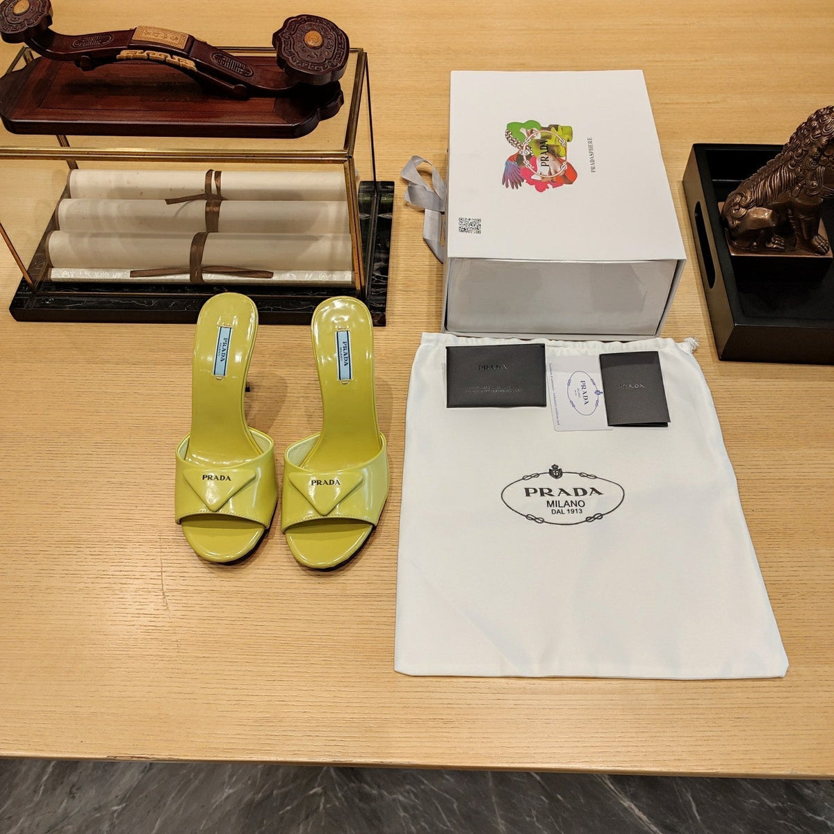 Prada 26s Open Toe Mules 100mm In Lime Yellow Patent Calfskin With Logo