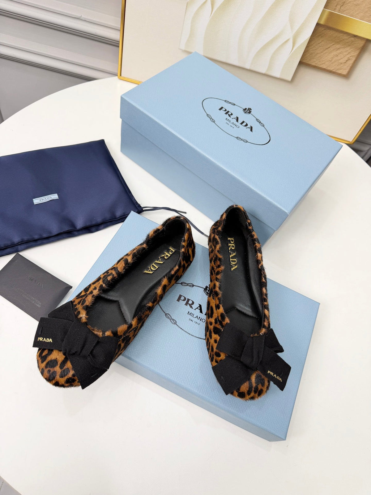 Prada 26s Bow Ballet Flats Leopard Horse Hair 624085