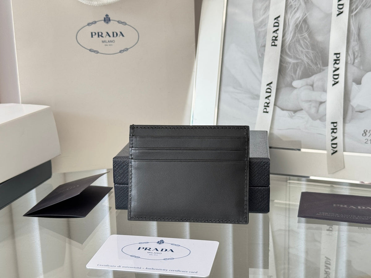 Pra Gold Logo-Plaque Card Holder Black Saffiano Leather