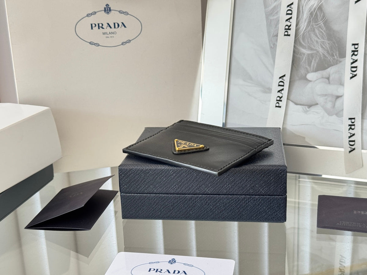Pra Gold Logo-Plaque Card Holder Black Saffiano Leather