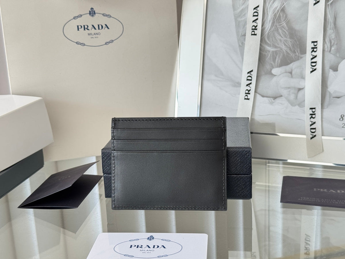 Pra Metal Logo-Plaque Card Holder Black Saffiano Leather