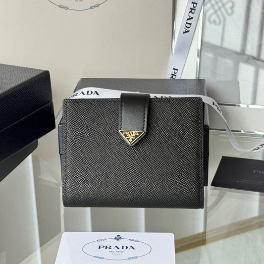 Pra 1MV204 Small Wallet Black Gold Tone Saffiano & Smooth Leather