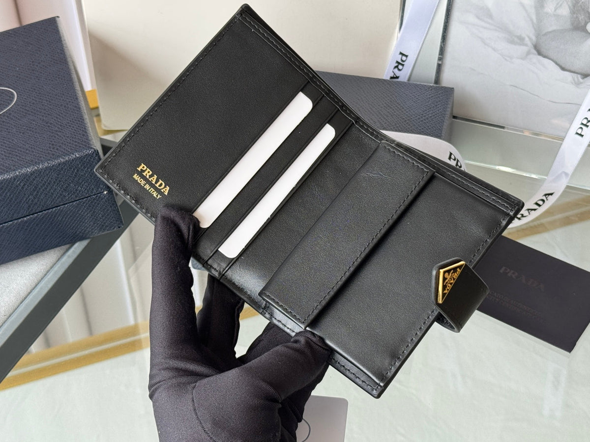 Pra 1MV204 Small Wallet Black Gold Tone Saffiano & Smooth Leather