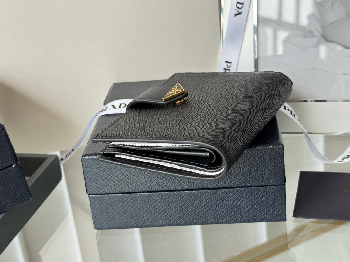 Pra 1MV204 Small Wallet Black Gold Tone Saffiano & Smooth Leather