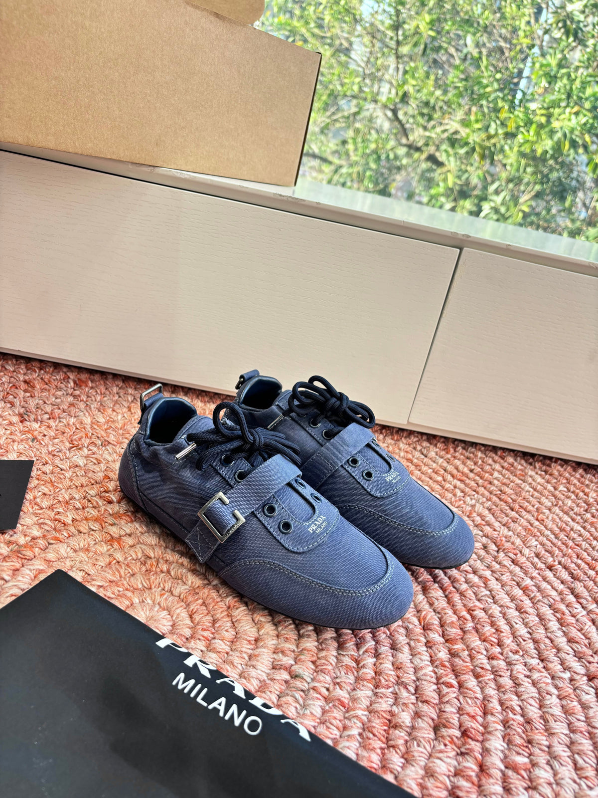 Prada Sneakers with Buckle and Strap Dark Blue Collapse Canvas 604167