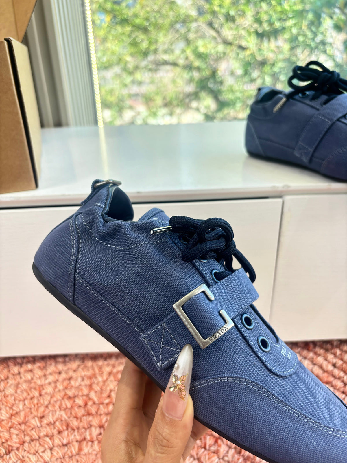 Prada Sneakers with Buckle and Strap Dark Blue Collapse Canvas 604167