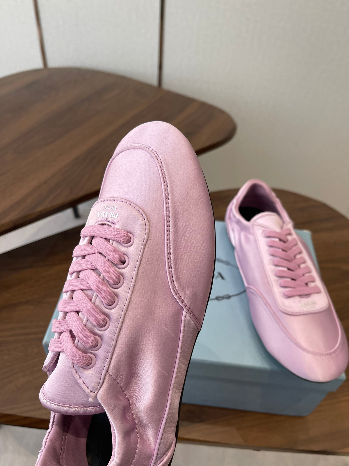 Prada Collapse Laced Sneakers Pink Satin 624377
