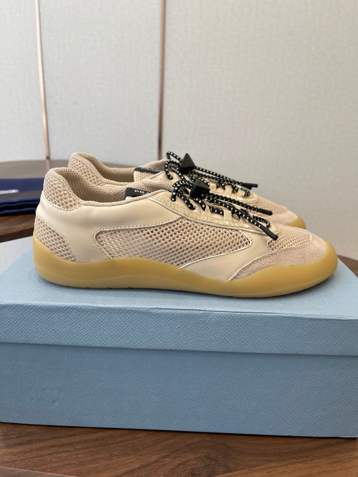 Prada Speedrock Sneakers Desert Beige Mesh Fabric 727602