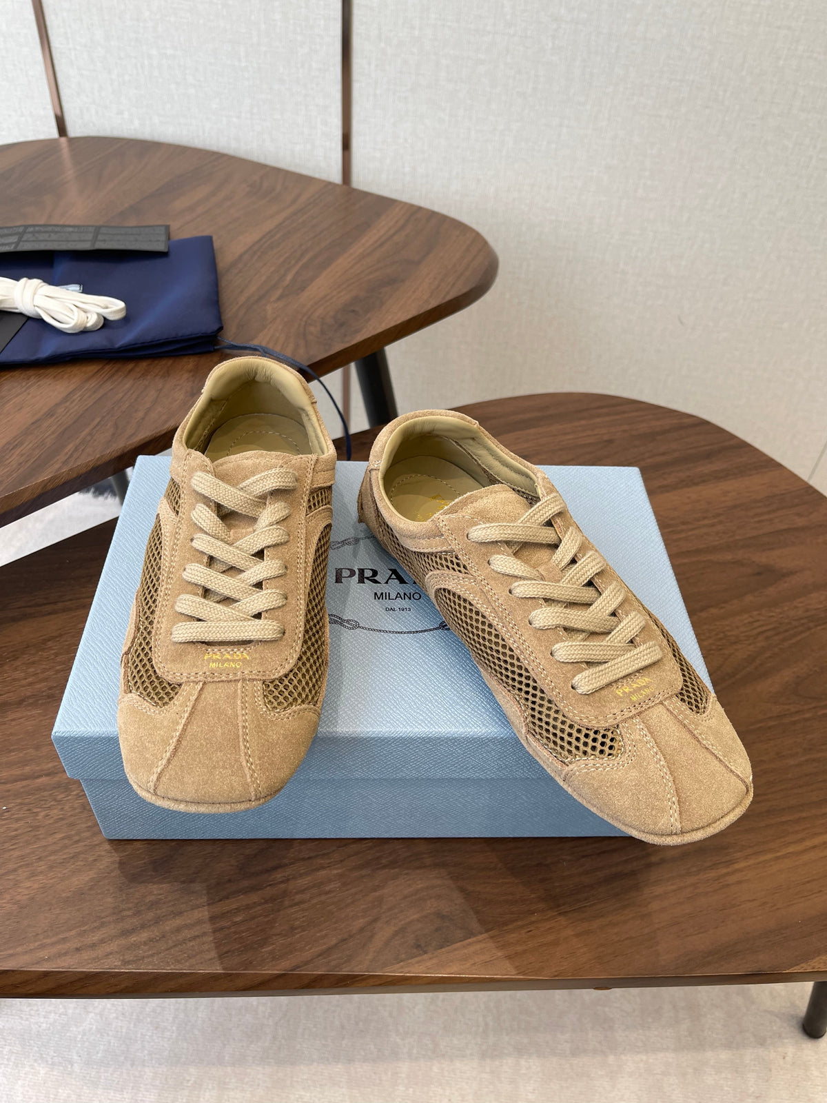 Prada Low-Top Sneakers Beige Mesh Suede 727613