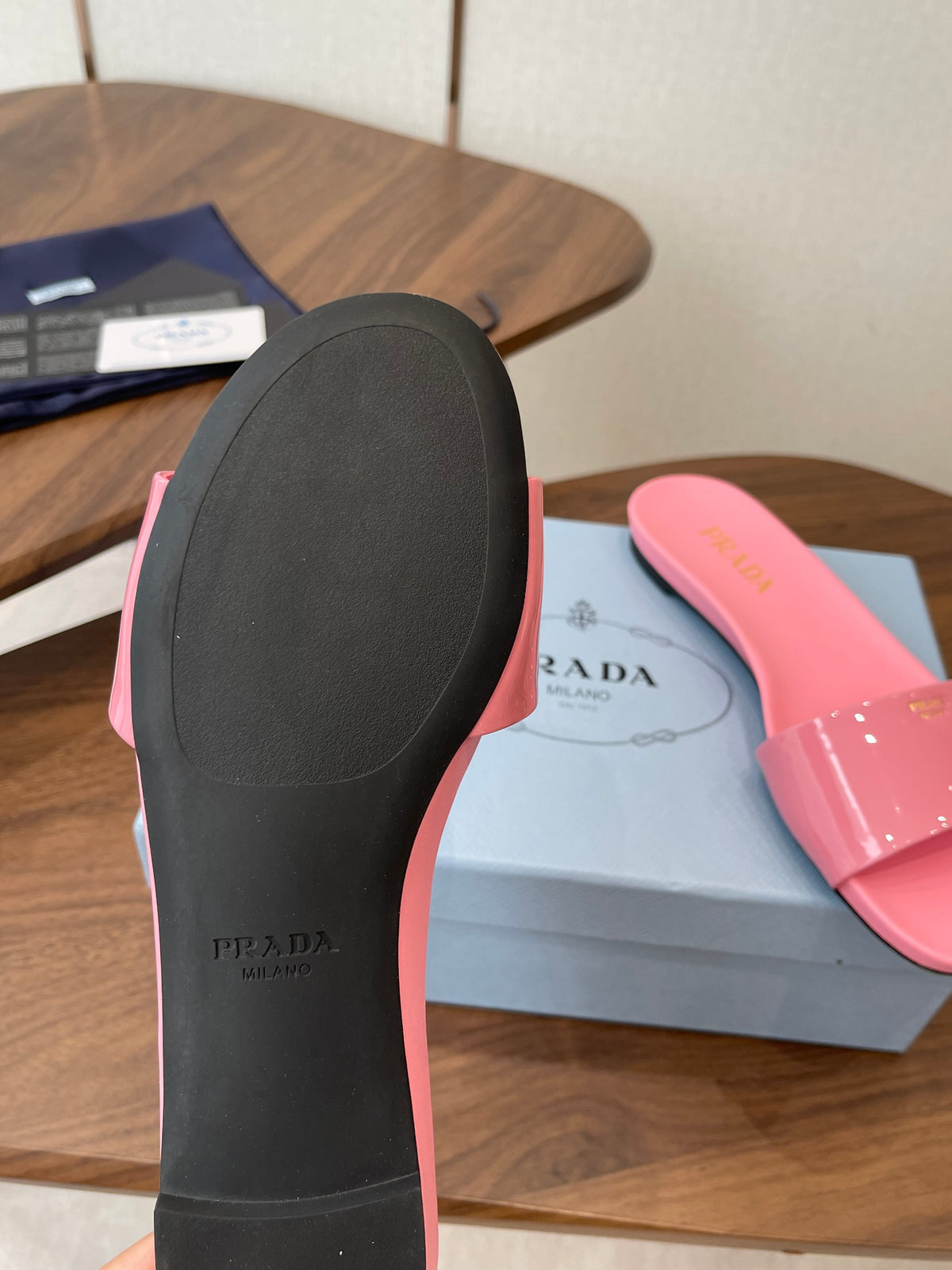 Prada Logo Slides Light Pink Patent Leather 727618