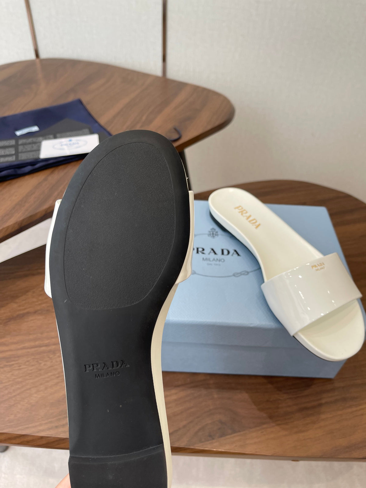 Prada Logo Slides White Patent Leather 727620