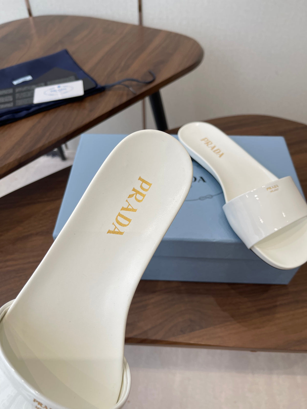 Prada Logo Slides White Patent Leather 727620