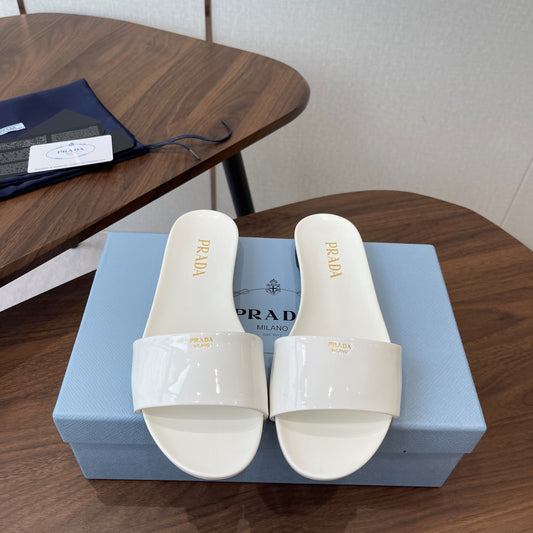 Prada Logo Slides White Patent Leather 727620
