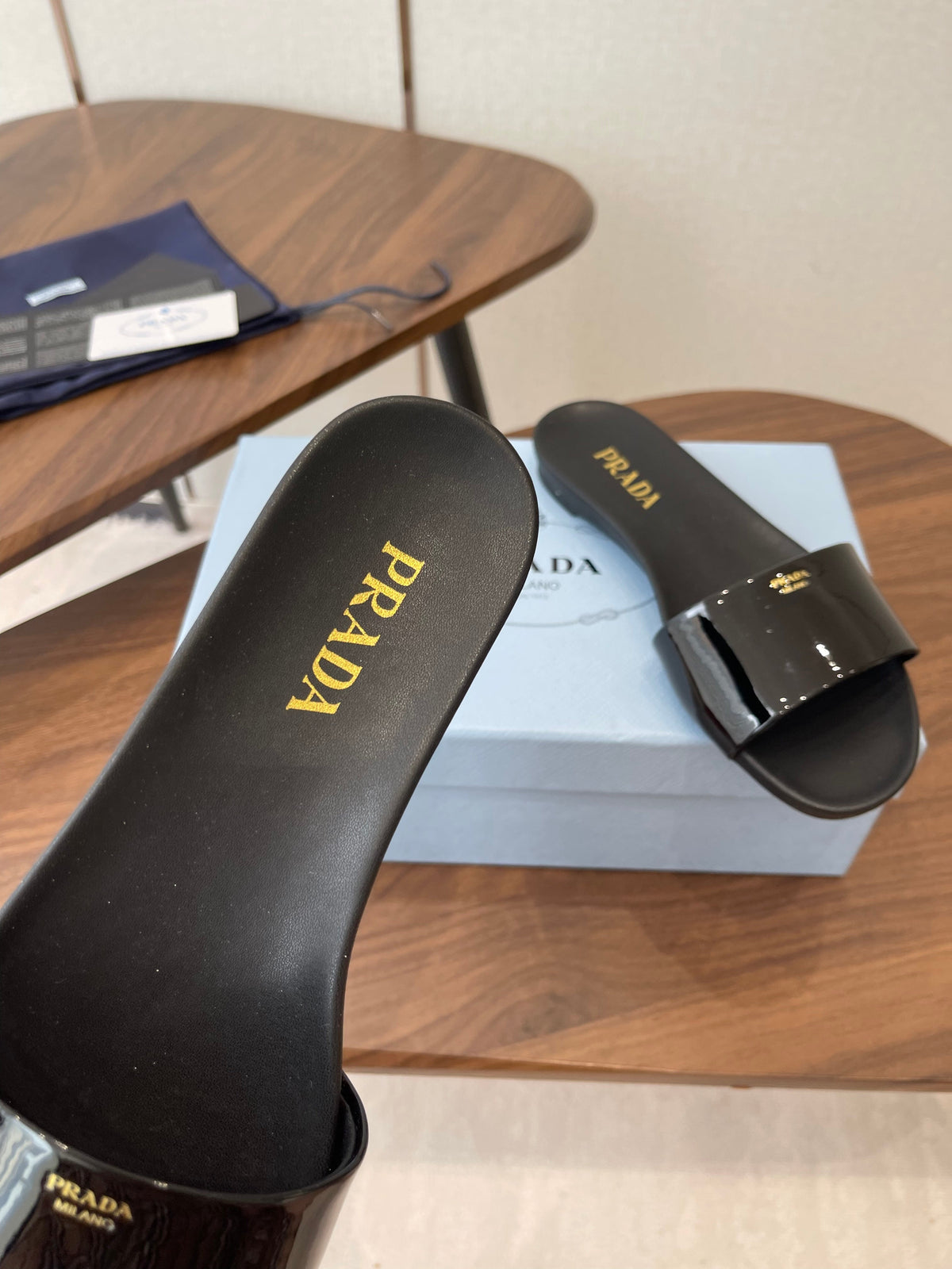 Prada Logo Slides Black Patent Leather 727621