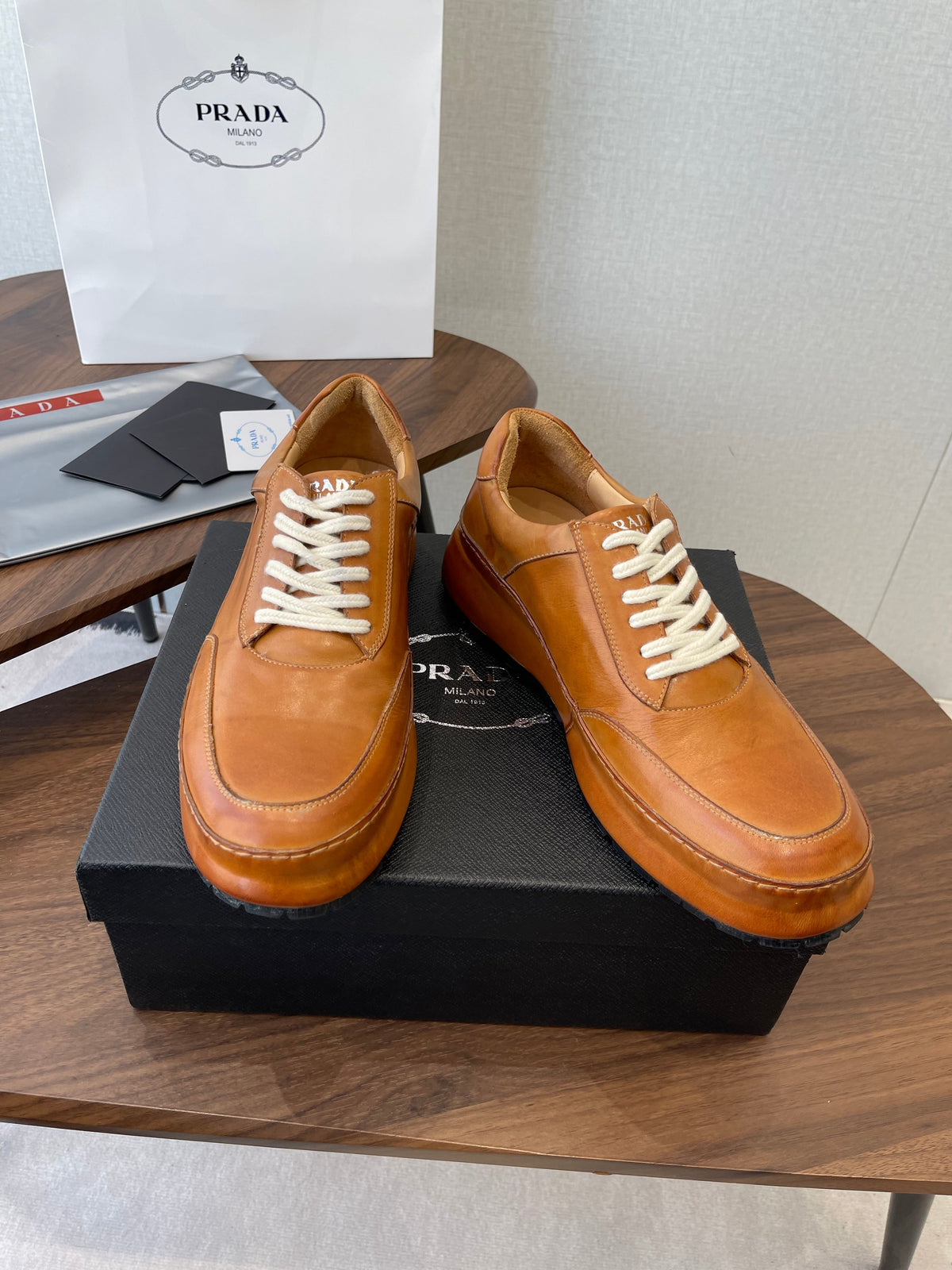 Prada Downtown Sneaker Brown Shiny Leather 727637