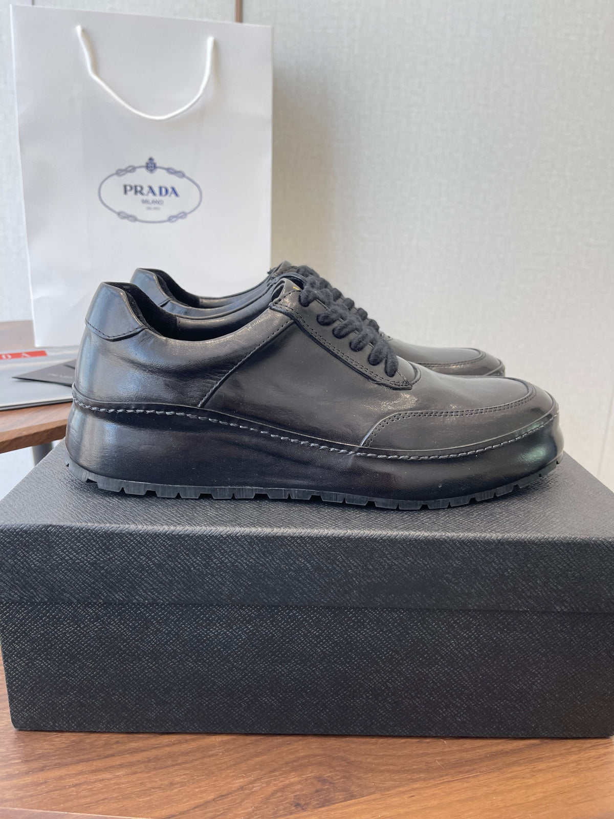 Prada Downtown Sneaker Black Shiny Leather 727638