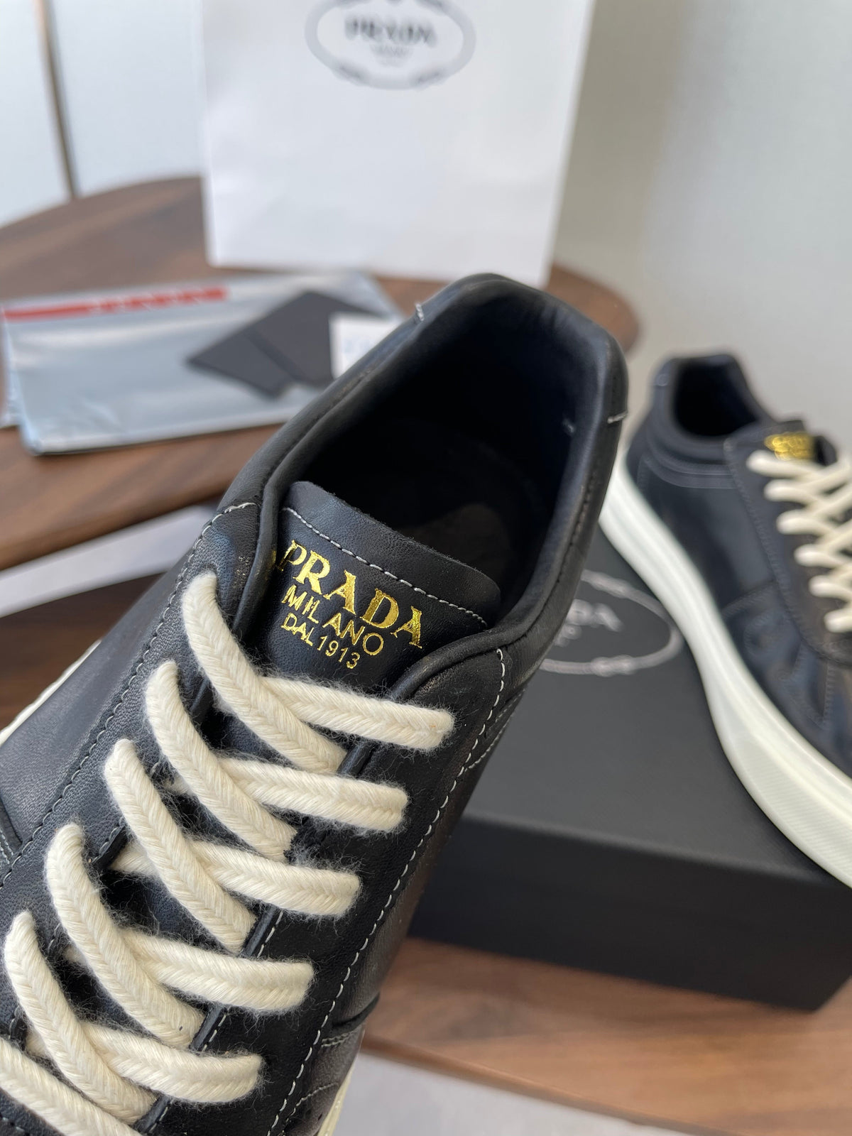 Prada 26s Sneaker Black Stitched Pattern Leather 727639