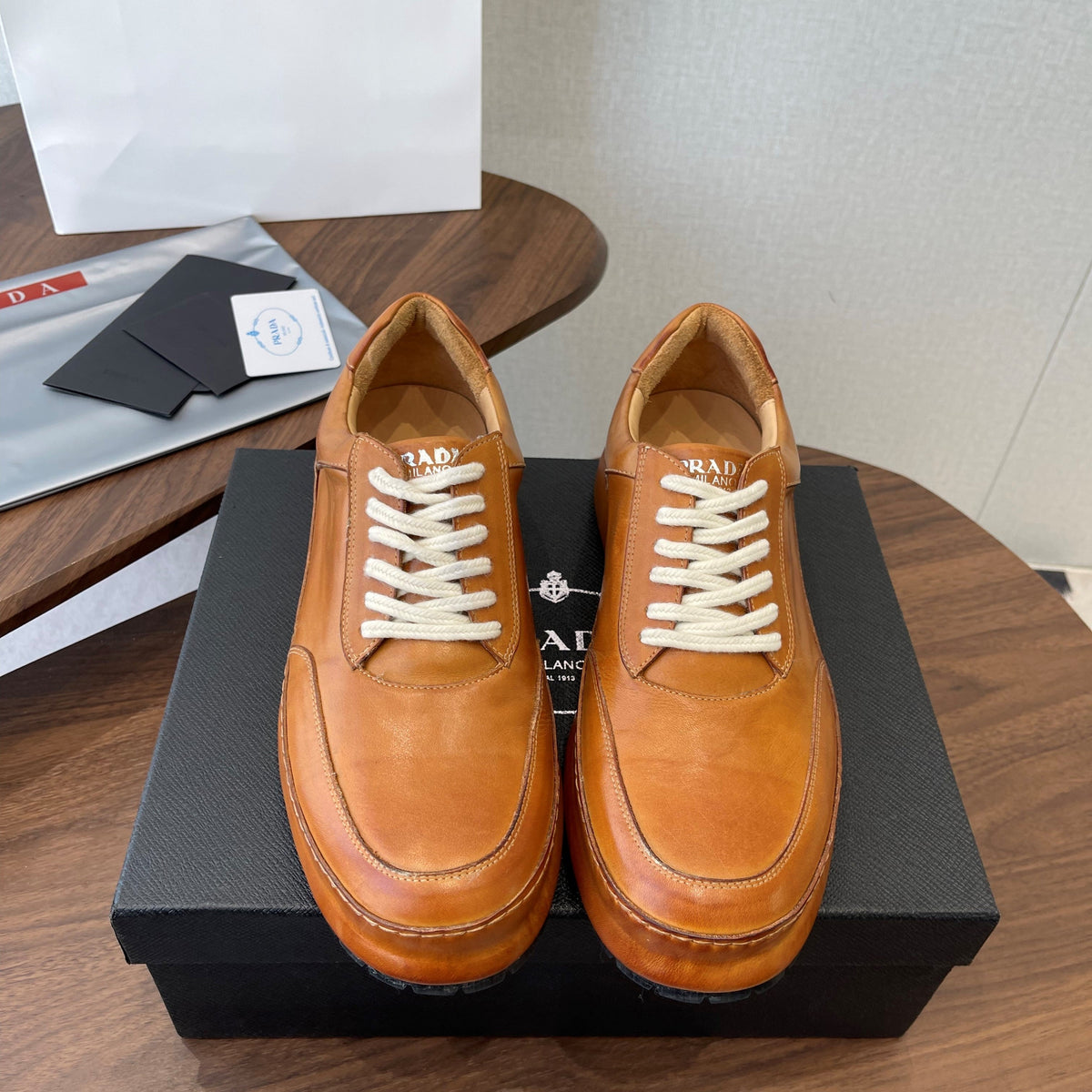Prada Downtown Sneaker Brown Shiny Leather 727637