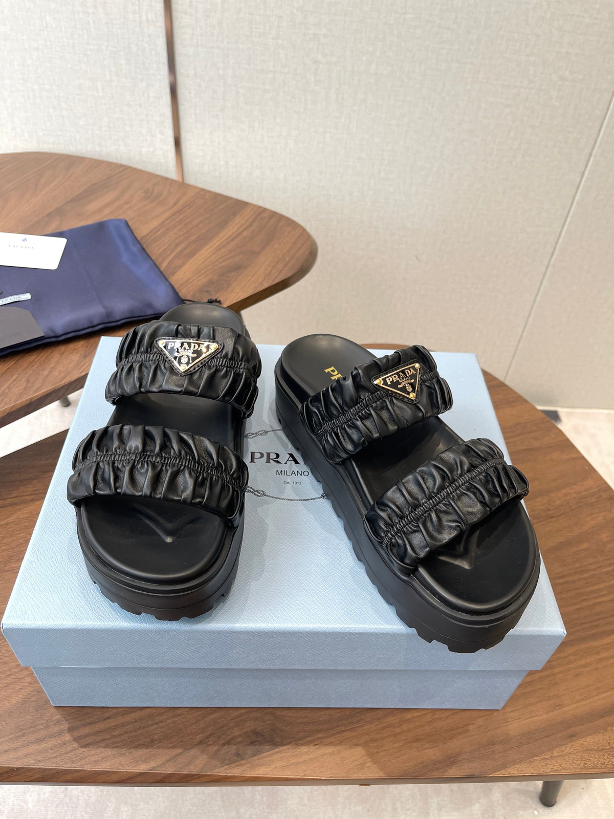 Prada 26s Flatform Slides Black Matelassé Leather 727650
