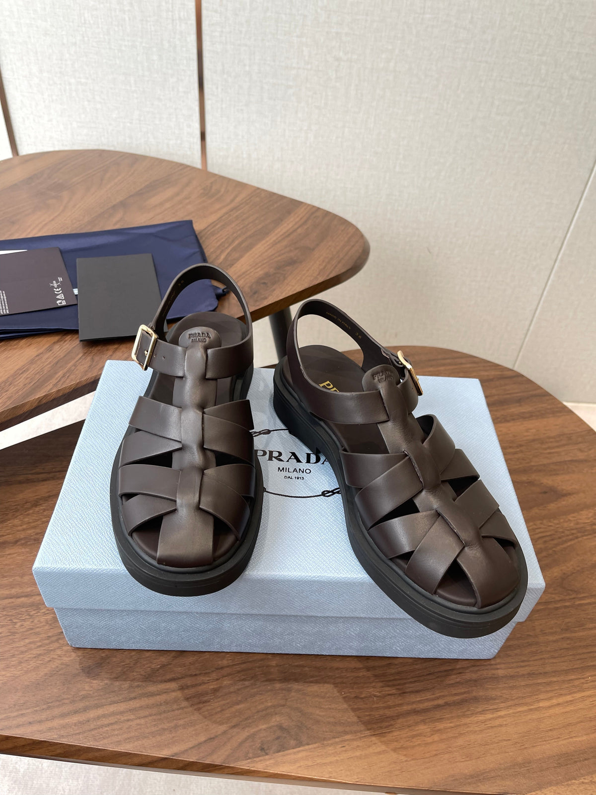 Prada 26s Fisherman's Sandals Coffee Leather 727675