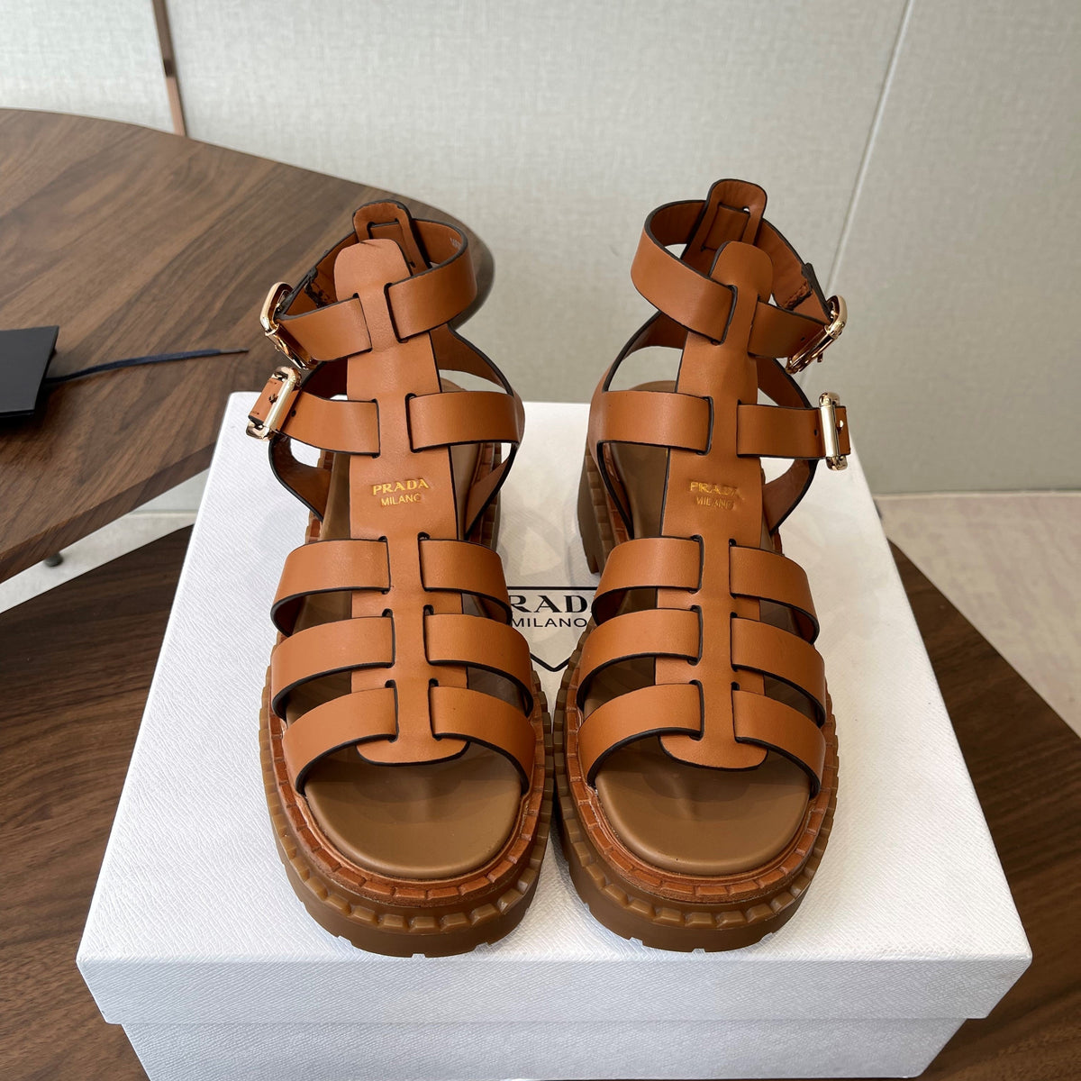 Prada Strappy Sandals 5.5cm Brown Leather 728561