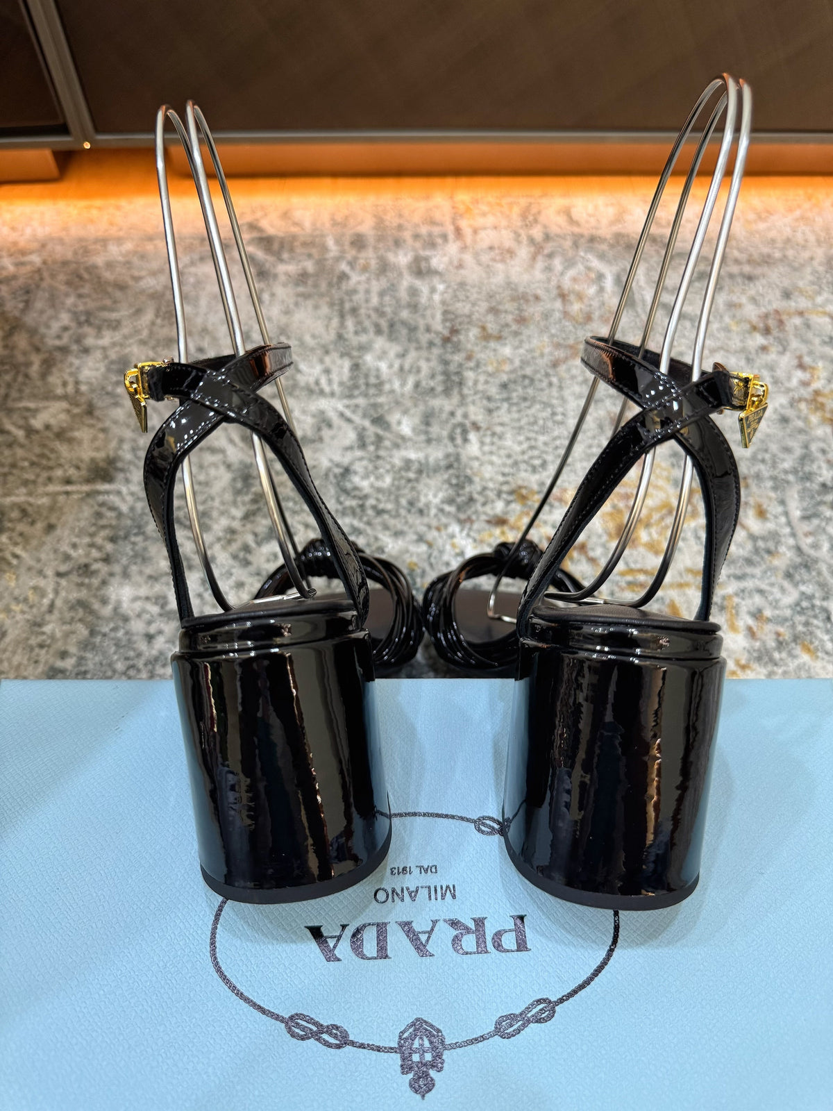 Prada Heeled Sandals 7cm Black Patent Leather 804100