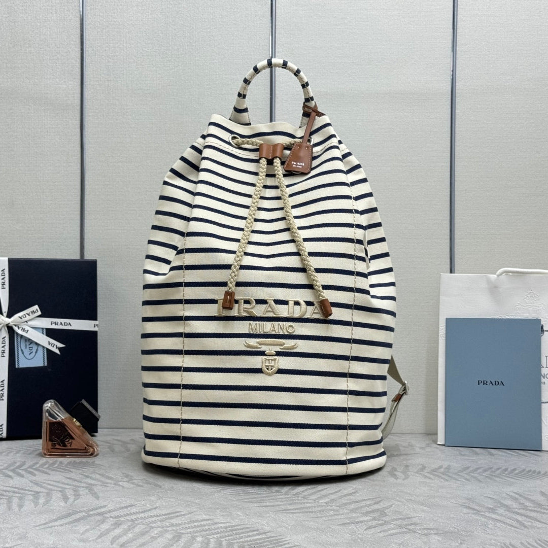 Prada 25s Drawstring Backpack 55 In Horizontal Stripes Canvas Silver Hardwre