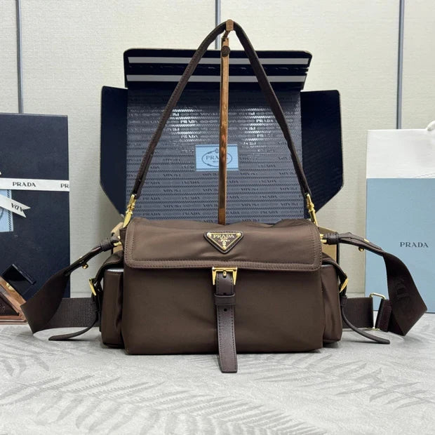 Prada 2026 Explore Shoulder Bag 30cm With Flap Sienna Re-Nylon