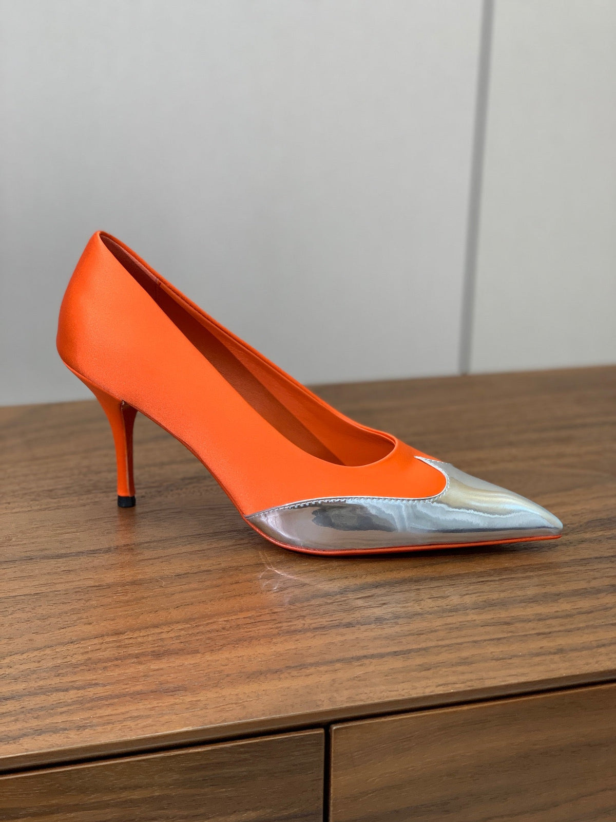 Prada Pumps 8.5cm Orange Satin Sliver Patent Leather 896187