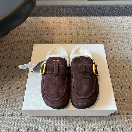 Prada 26s Clogs Dark Brown Suede Shearling 971693