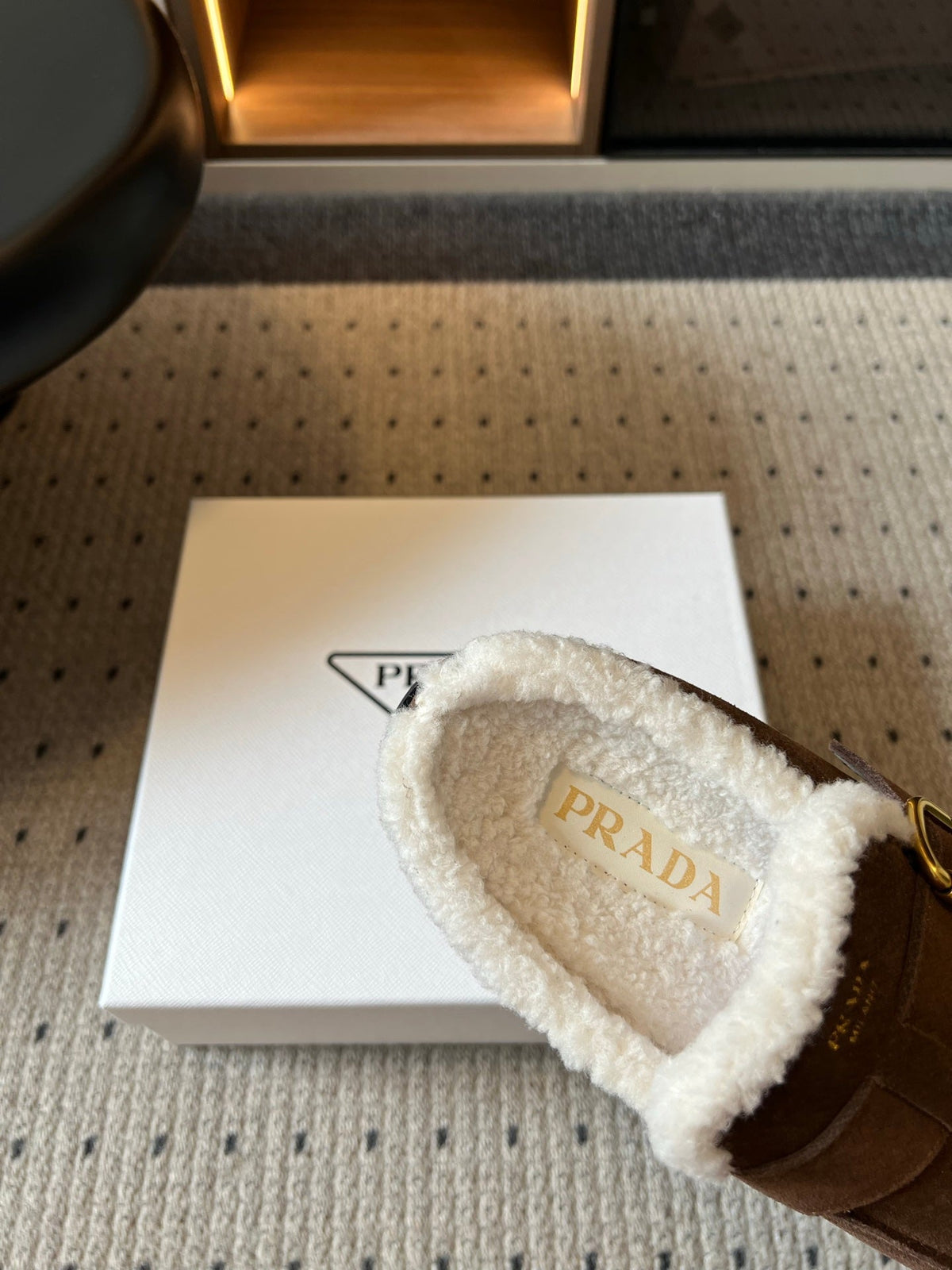 Prada 26s Clogs Coffee Suede Shearling 971696