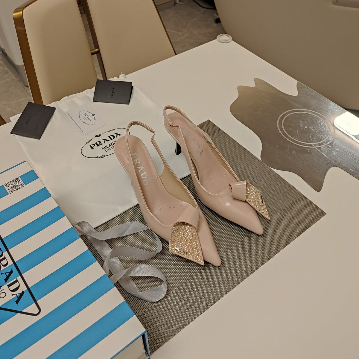 Prada 26s Pointed Toe Slingback Pumps 50mm In Nude Pink Smooth Calfskin With Crystal