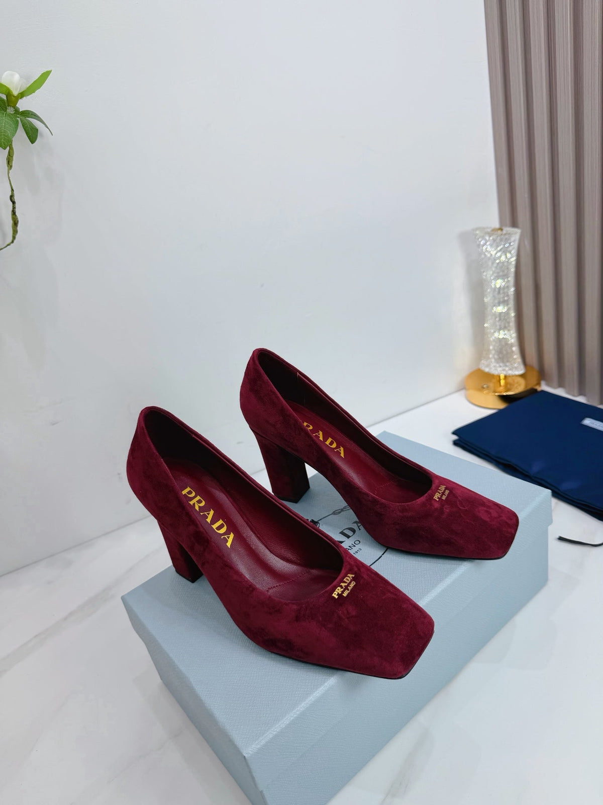 PRA 26SS Square-toe Block Heels 85 Burgundy Suede 592359
