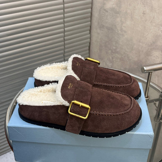 Prada 26s Mules Coffee Suede Shearing 952901