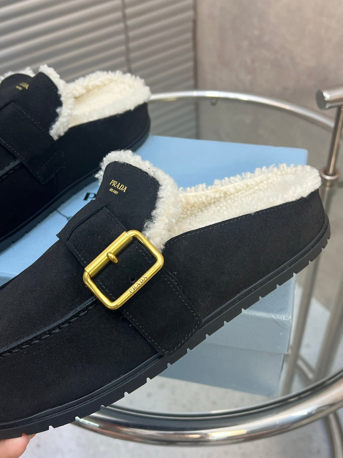Prada 26s Mules Black Suede Shearing 952903
