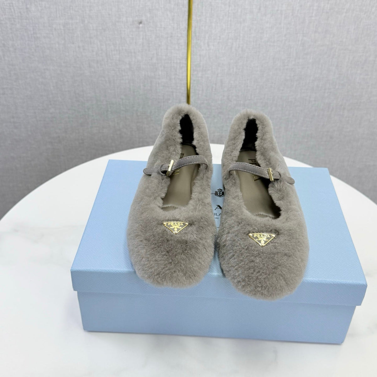 Prada 26s Ballerina Flats Strap With Buckle Grey Fur 973287