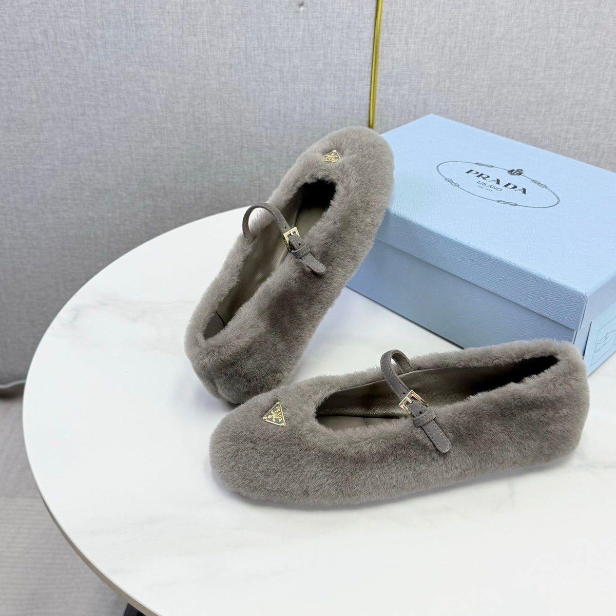 Prada 26s Ballerina Flats Strap With Buckle Grey Fur 973287