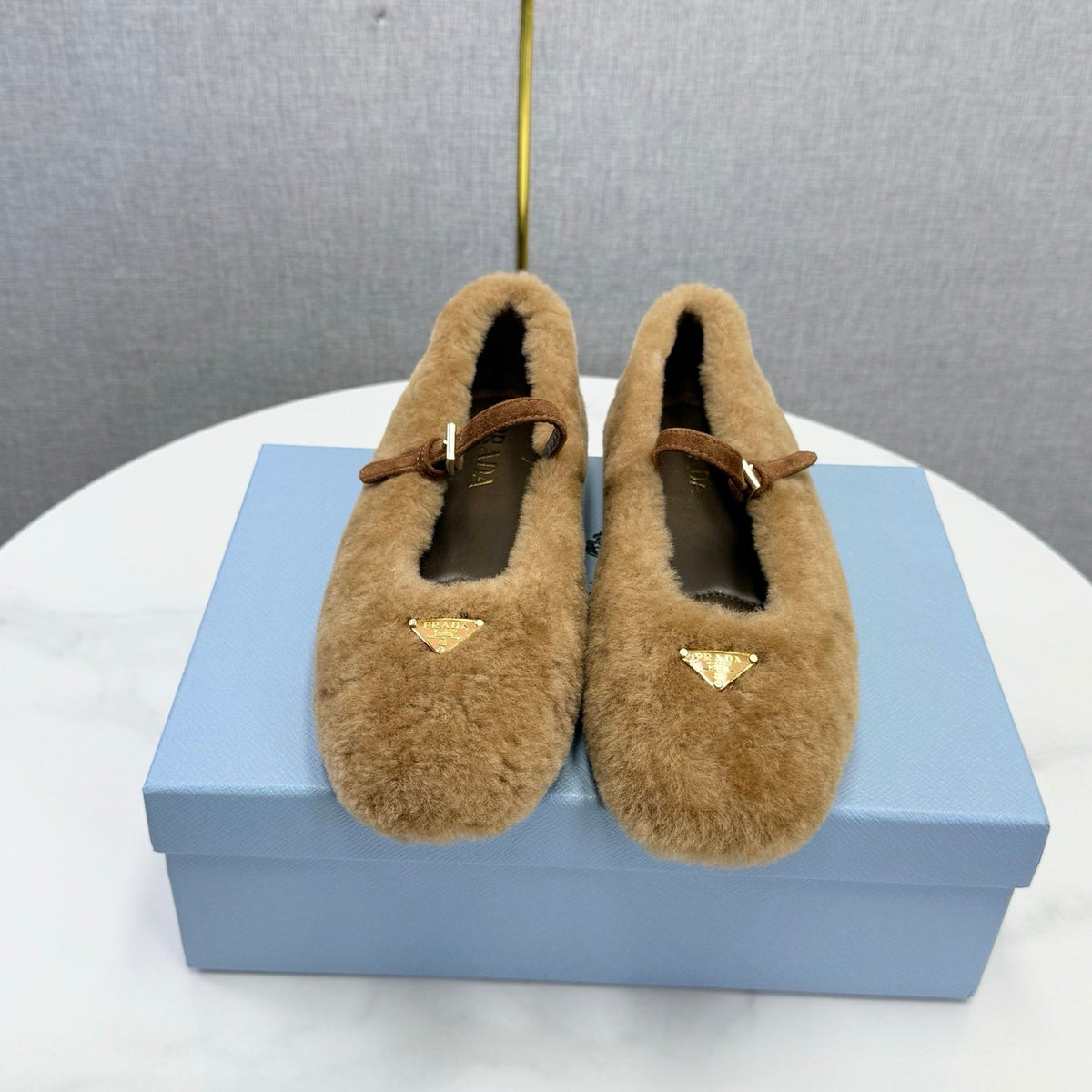 Prada 26s Ballerina Flats Strap With Buckle Khaki Fur 973288