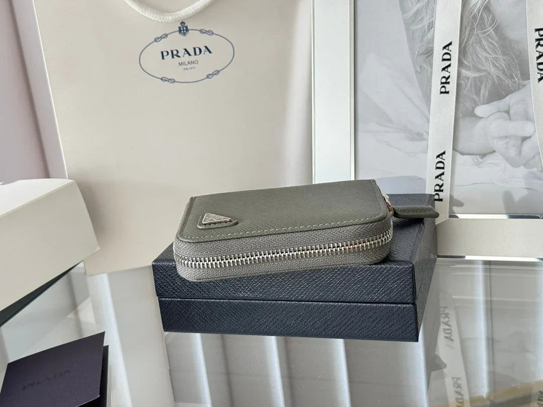 Prada 2026 Cardholder Zipper Bag 10cm Logo Silver Calfskin