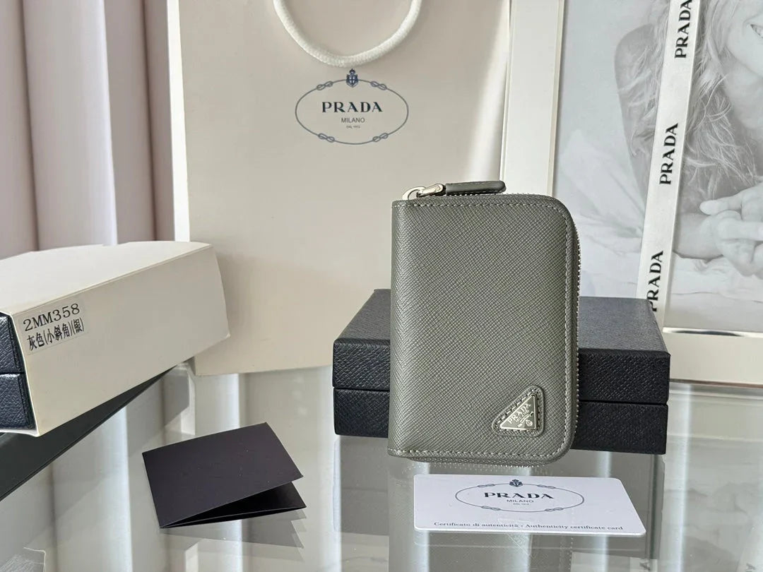 Prada 2026 Cardholder Zipper Bag 10cm Logo Silver Calfskin