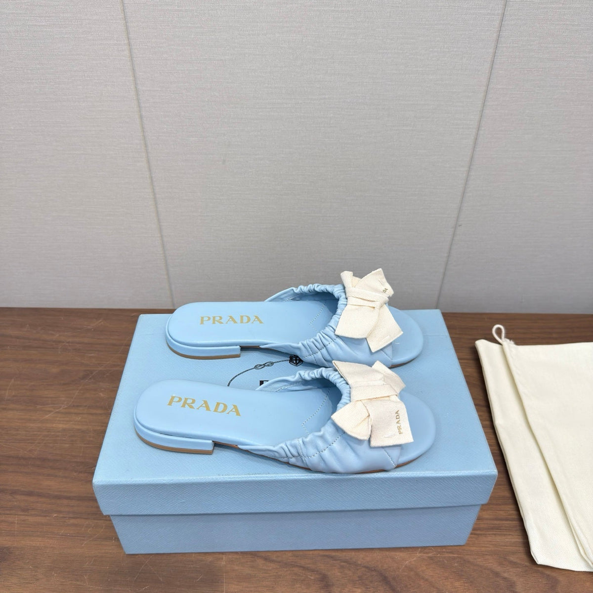 Prada Bow Slide Sandals White Blue Sheepskin 836555