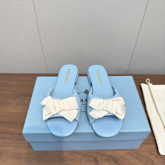 Prada Bow Slide Sandals White Blue Sheepskin 836555