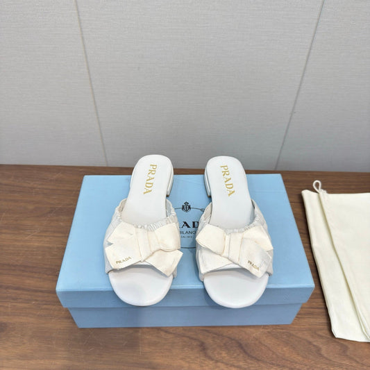 Prada Bow Slide Sandals White Sheepskin 836555