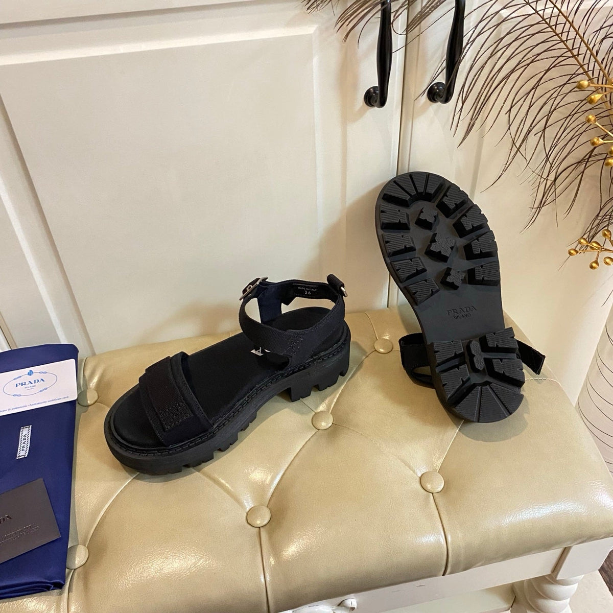 Prada Front Strap Sandal Black Canvas 687802