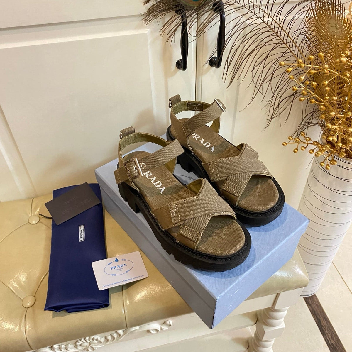 Prada Criss-Cross Sandal Military Green Canvas 687804