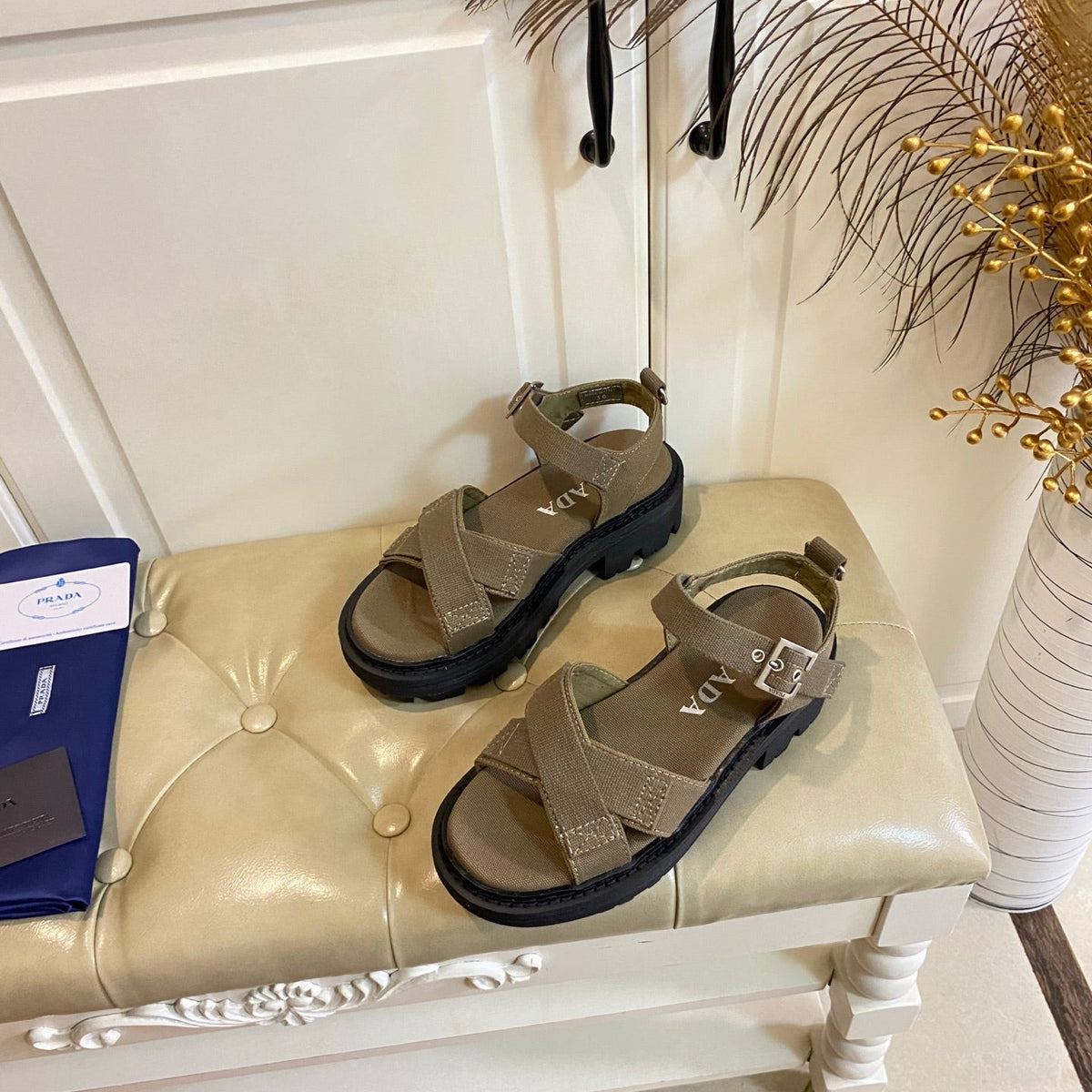 Prada Criss-Cross Sandal Military Green Canvas 687804