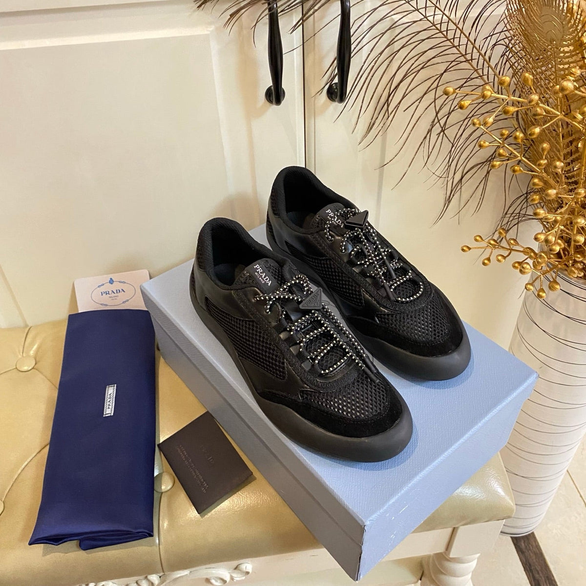 Prada 26s Lace Up Sneakers Chunky Sole In Black Tech Fabric And Mesh