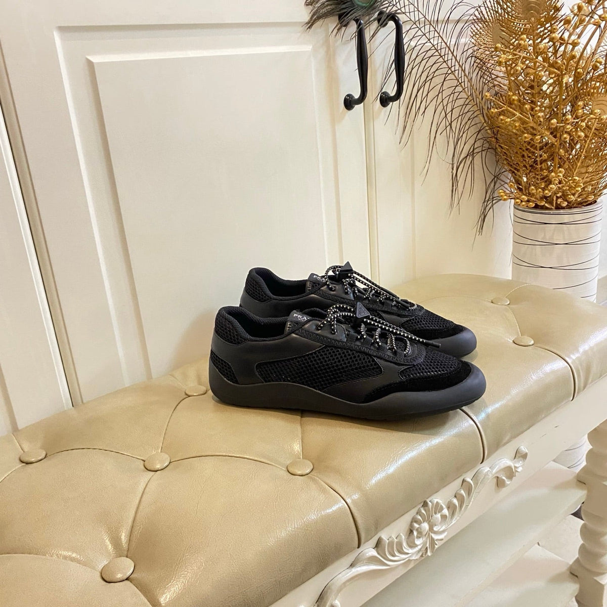 Prada 26s Lace Up Sneakers Chunky Sole In Black Tech Fabric And Mesh