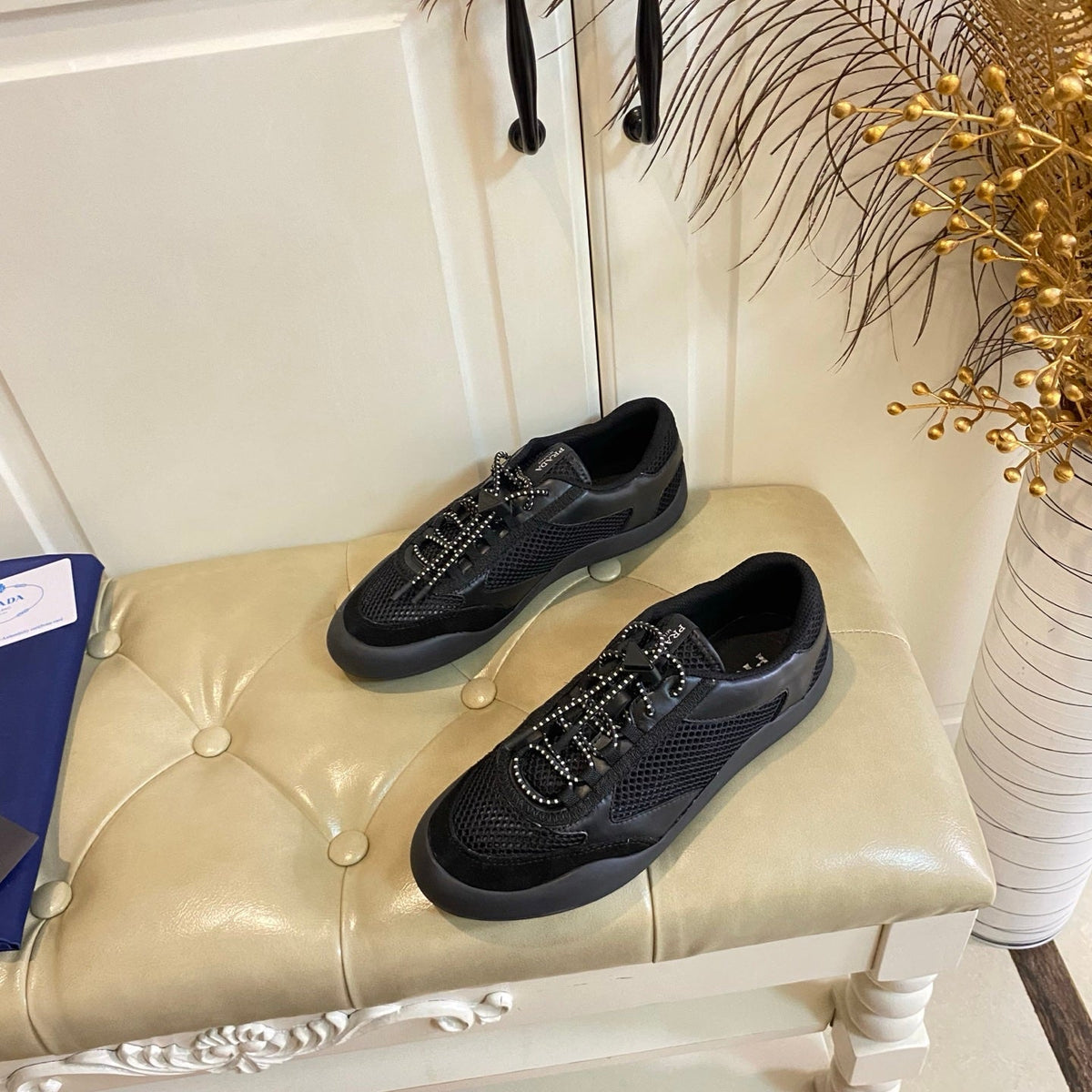Prada 26s Lace Up Sneakers Chunky Sole In Black Tech Fabric And Mesh